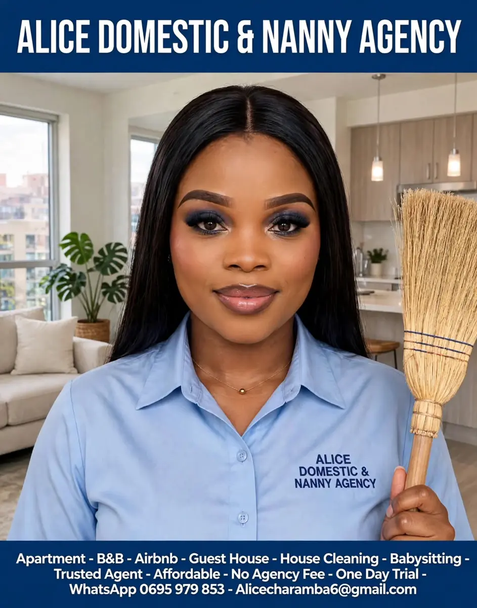Woman in an Alice Domestic & Nanny Agency branded shirt holding a broom